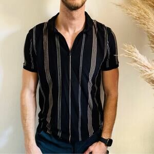 MENS EXPRESS Black Beige Yellow Stripe Half Zip Collar Short Sleeve Shirt Top M